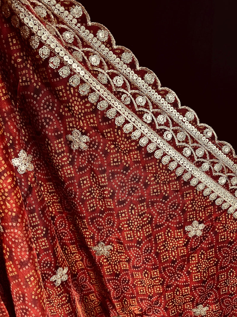 Digital Printed Bandhej Dupatta in Deep Red in Soft Organza Dupatta with Embroidery, Sequin and Zari