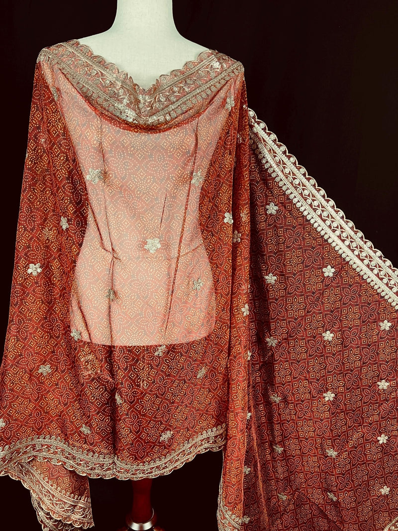 Digital Printed Bandhej Dupatta in Deep Red in Soft Organza Dupatta with Embroidery, Sequin and Zari