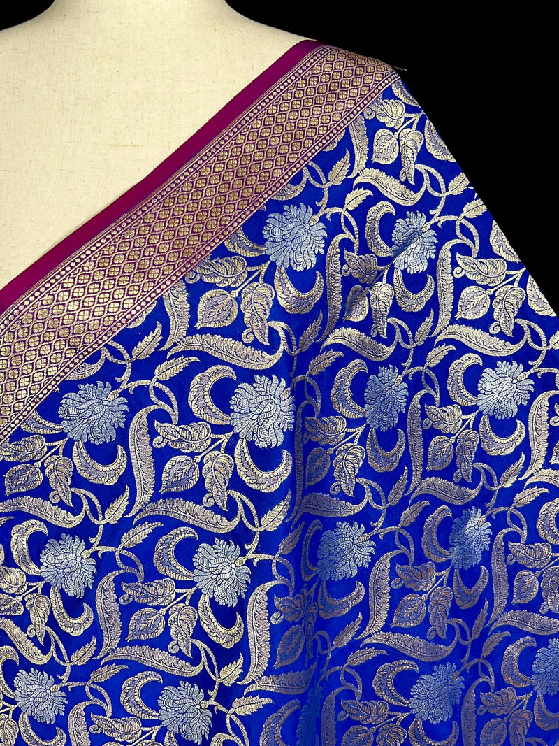 Blue Color Floral Jaal Banarasi Silk Dupatta | Gold and Sliver Zari Weave | Floral Dupatta | Benarasi Dupatta