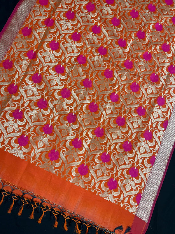 Orange Color Floral Jaal Banarasi Silk Dupatta | Meenkari Pink Flowers with Grand Borders | Floral Dupatta | Benarasi Dupatta