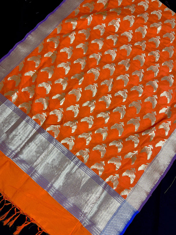 Orange Color Dupatta with Pair of Peacocks - Benarasi Silk Dupatta