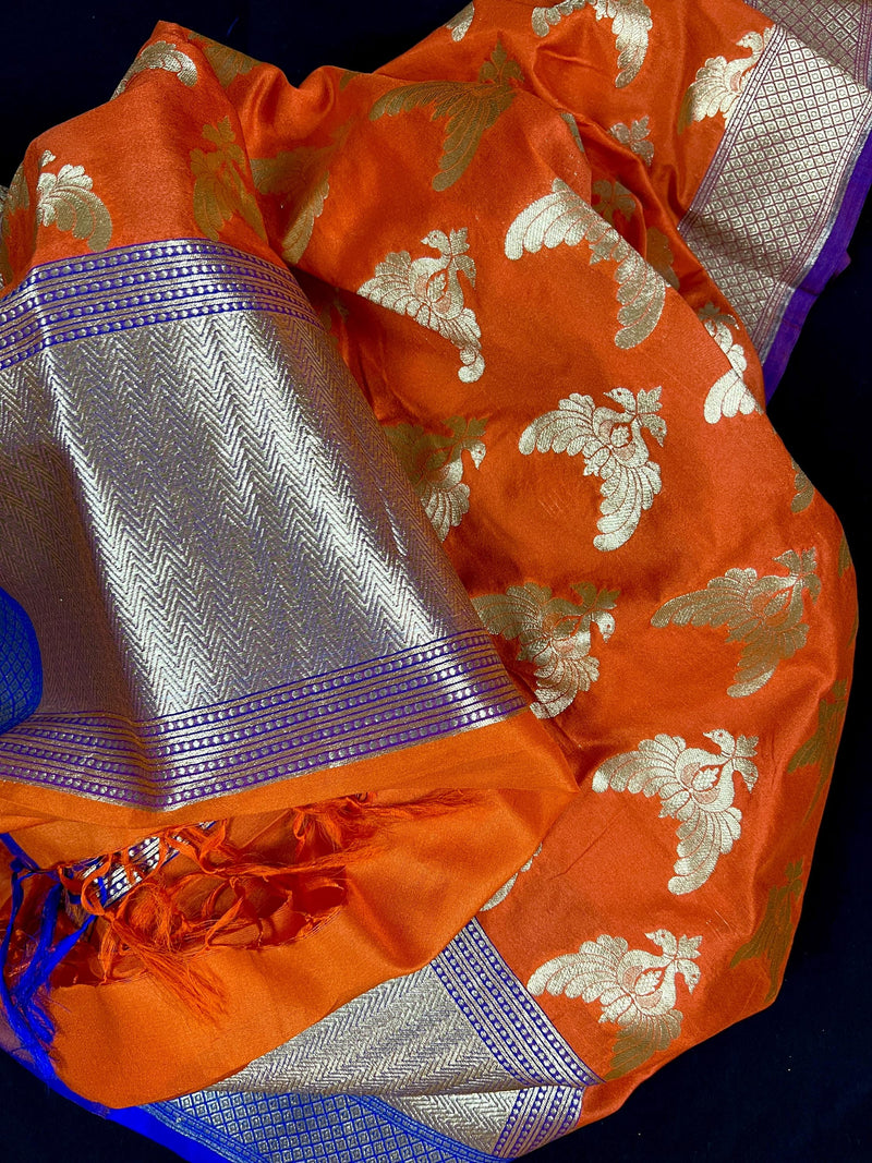 Orange Color Dupatta with Pair of Peacocks - Benarasi Silk Dupatta