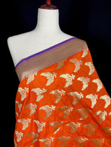 Orange Color Dupatta with Pair of Peacocks - Benarasi Silk Dupatta