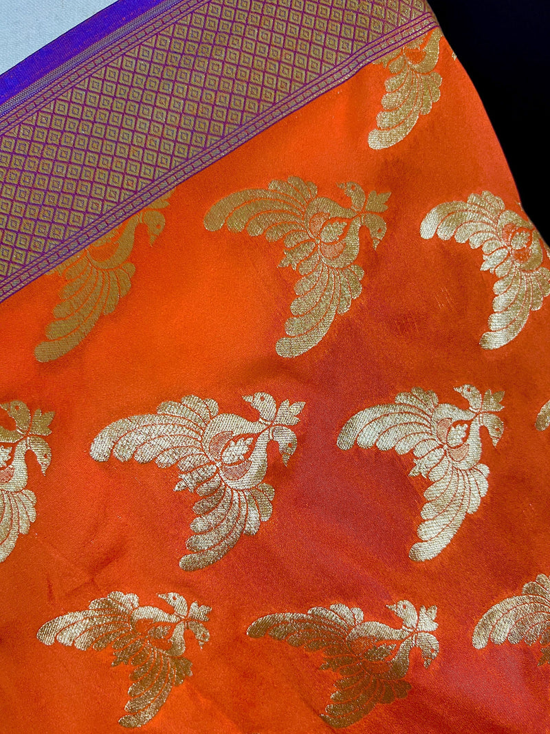 Orange Color Dupatta with Pair of Peacocks - Benarasi Silk Dupatta