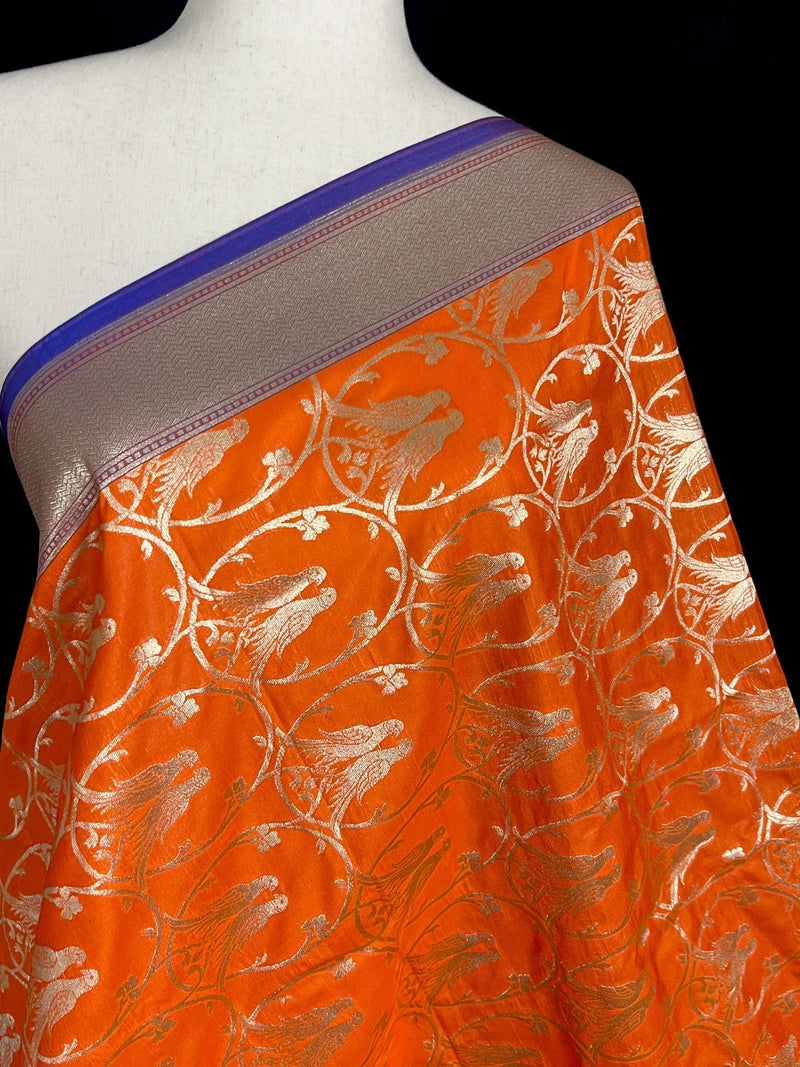 Orange Color Dupatta with Pair of Parrots  - Benarasi Silk Dupatta