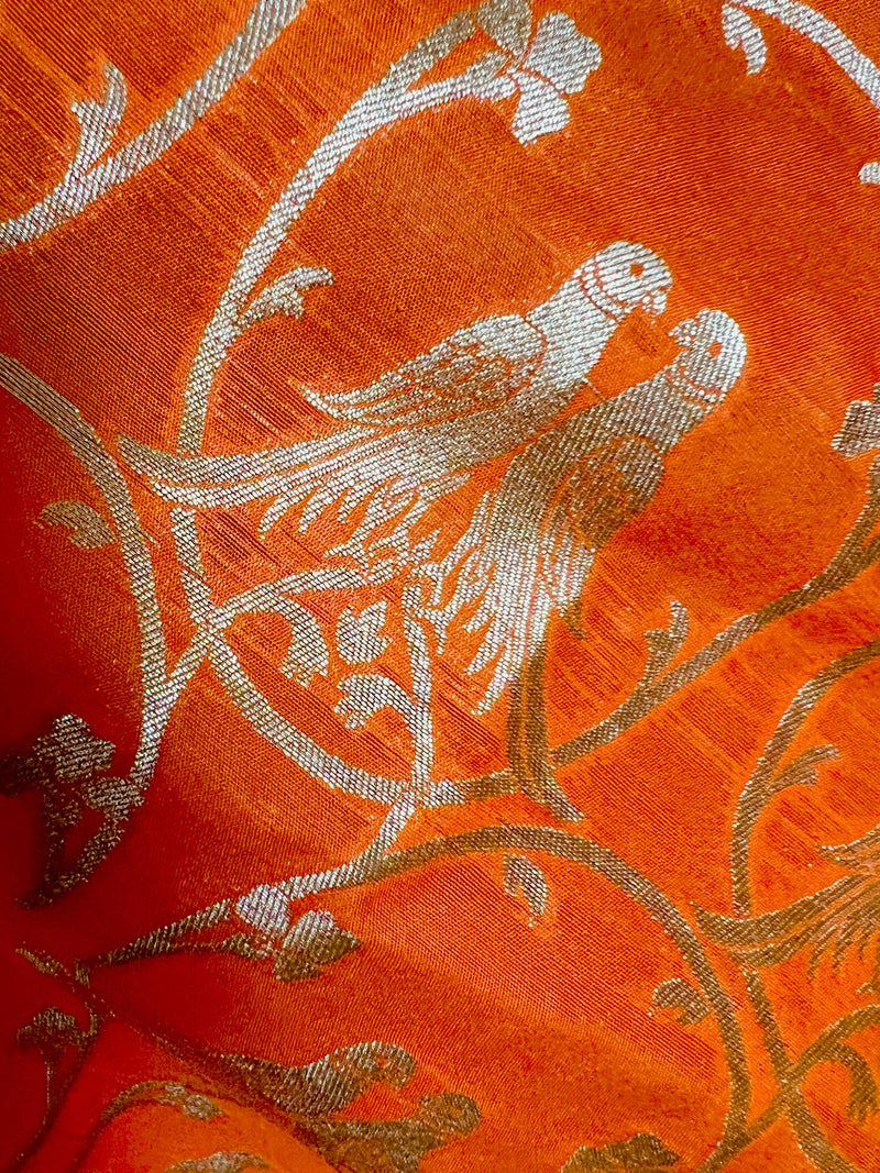 Orange Color Dupatta with Pair of Parrots  - Benarasi Silk Dupatta