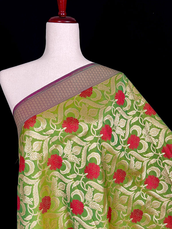 Parrot Green Color Floral Jaal Banarasi Silk Dupatta | Meenkari Red Color Flowers with Grand Borders | Floral Dupatta | Benarasi Dupatta