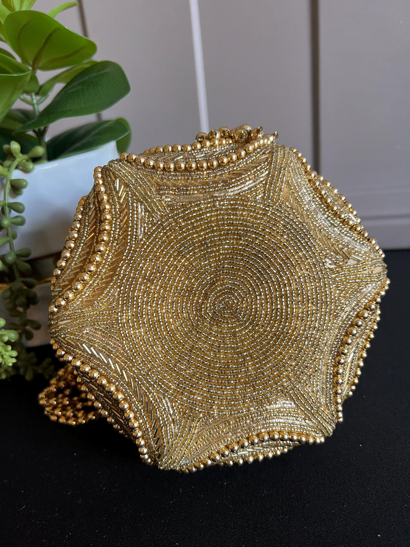 Handmade, Embellished Lotus Potli Bag | Gold Potli Bag | Gold Beaded Studded Sequin Clutch | Party Clutch Sling | Wedding Purse in Gold