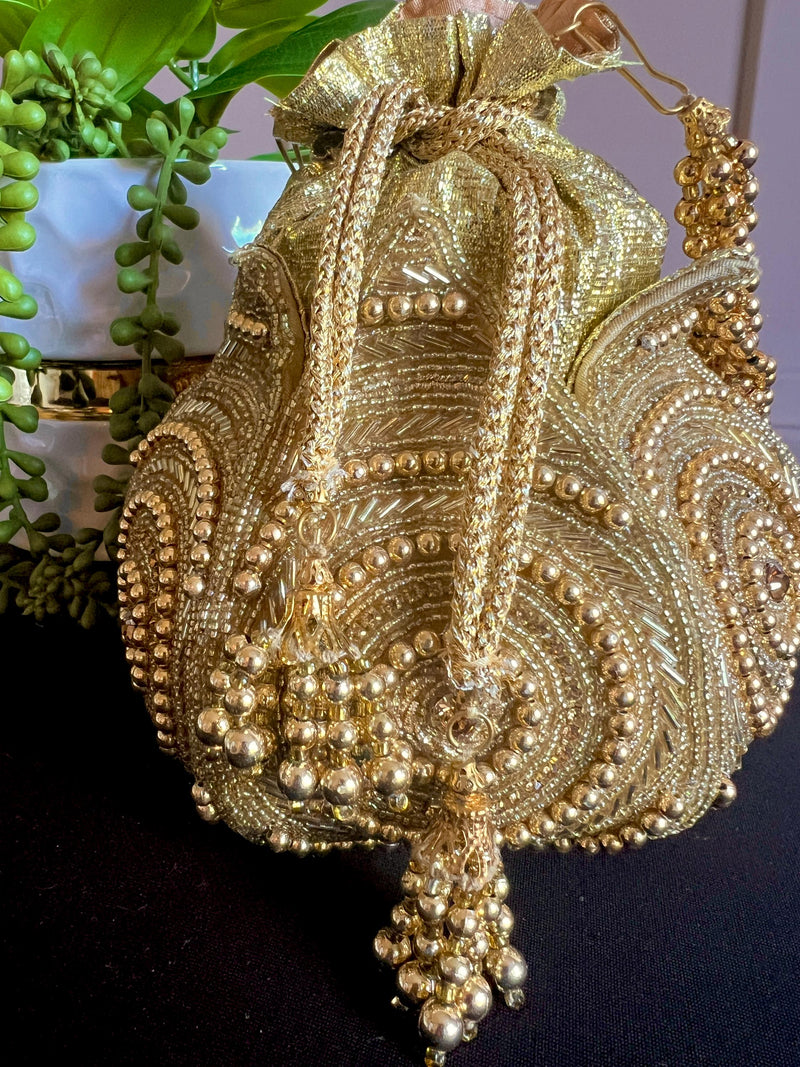 Handmade, Embellished Lotus Potli Bag | Gold Potli Bag | Gold Beaded Studded Sequin Clutch | Party Clutch Sling | Wedding Purse in Gold