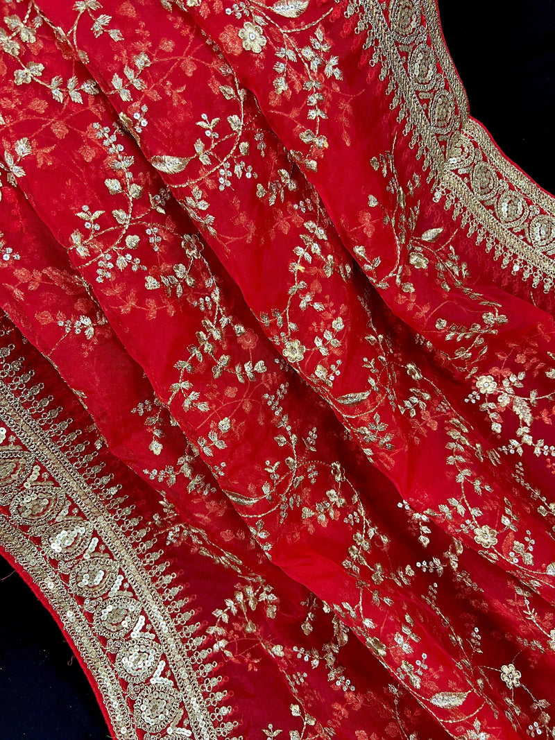 Red Color Organza Dupatta with Gold Zari, Embroidery and Sequins.