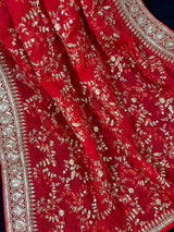 Red Color Organza Dupatta with Gold Zari, Embroidery and Sequins.