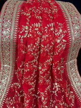 Red Color Organza Dupatta with Gold Zari, Embroidery and Sequins.