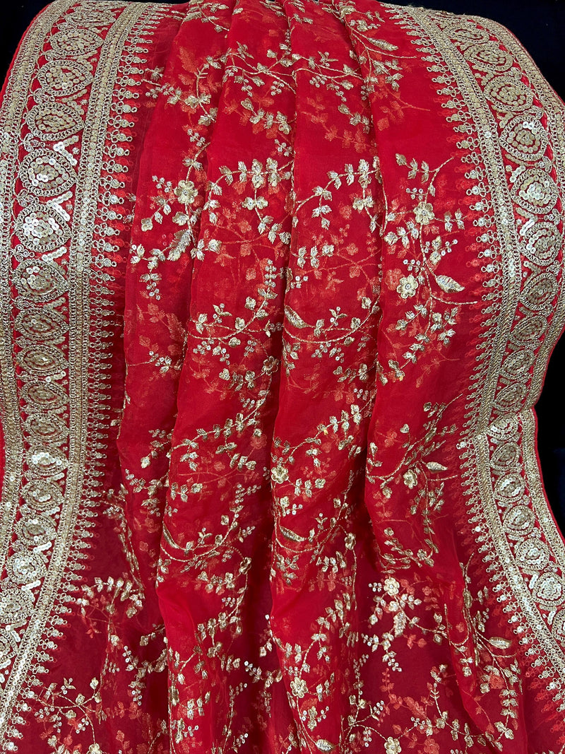 Red Color Organza Dupatta with Gold Zari, Embroidery and Sequins.