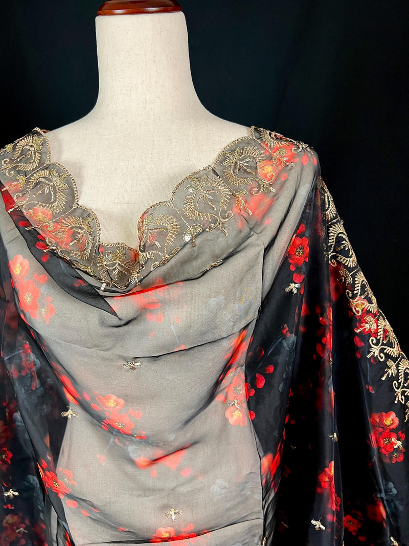 Black Color Soft Organza Dupatta with Embroidery, Sequin and Zari with Floral Digital Prints