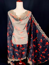 Black Color Soft Organza Dupatta with Embroidery, Sequin and Zari with Floral Digital Prints