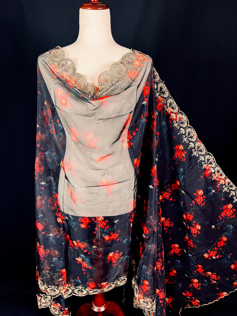 Black Color Soft Organza Dupatta with Embroidery, Sequin and Zari with Floral Digital Prints