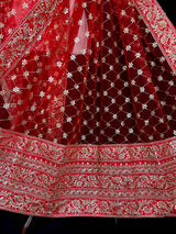 Red Color Soft Premium Quality Net Dupatta with Embroidery, Sequin and Zari | Heavy Border