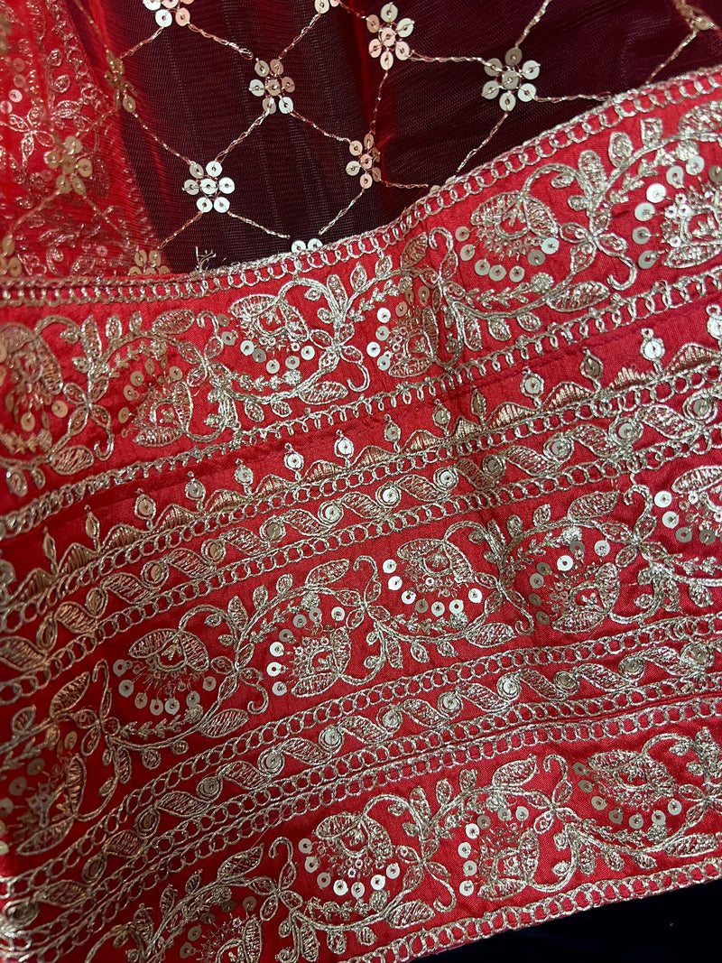 Red Color Soft Premium Quality Net Dupatta with Embroidery, Sequin and Zari | Heavy Border