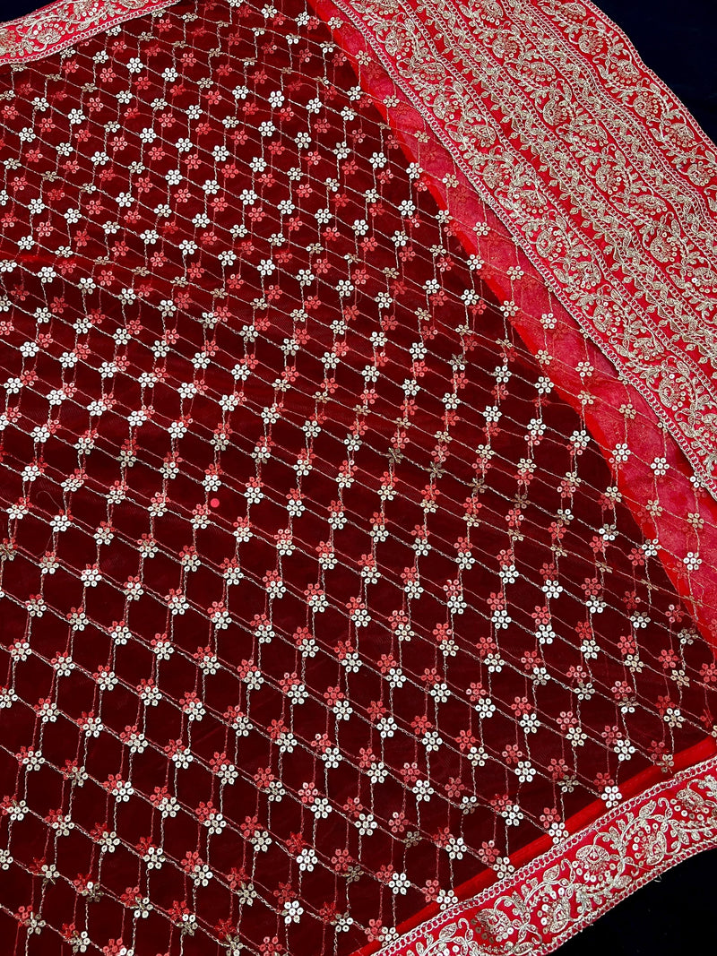 Red Color Soft Premium Quality Net Dupatta with Embroidery, Sequin and Zari | Heavy Border