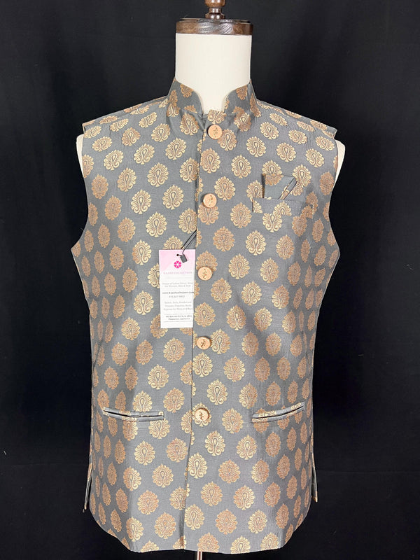 Designer Gray Color Modi Nehru Jacket For Men in Banarasi Silk  | Waist Coat | Jacket for Kurta | Gift For Him | Indian Wedding Wear for Men