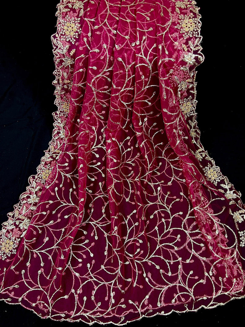 Hot Pink Soft Net Dupatta with Heavy Embroidery, Pearl and Zari | Dupatta for Lehangas | Dupatta for Gifts | Wedding Dupattas