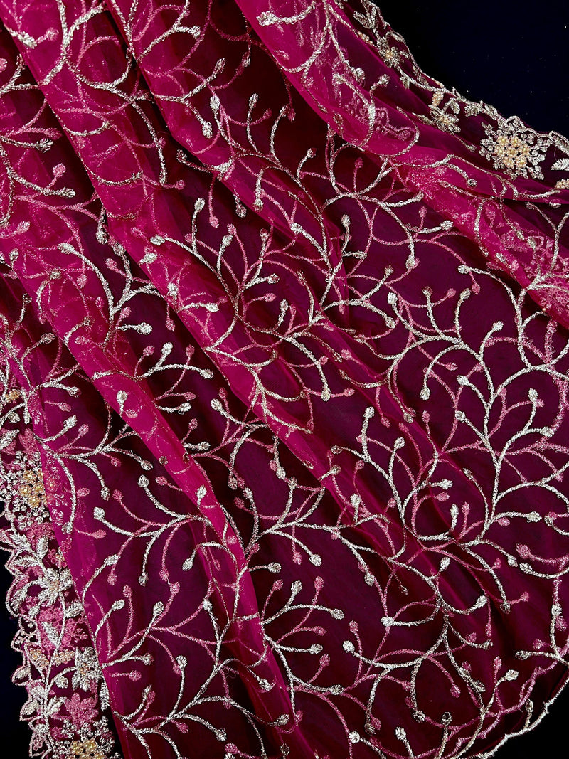 Hot Pink Soft Net Dupatta with Heavy Embroidery, Pearl and Zari