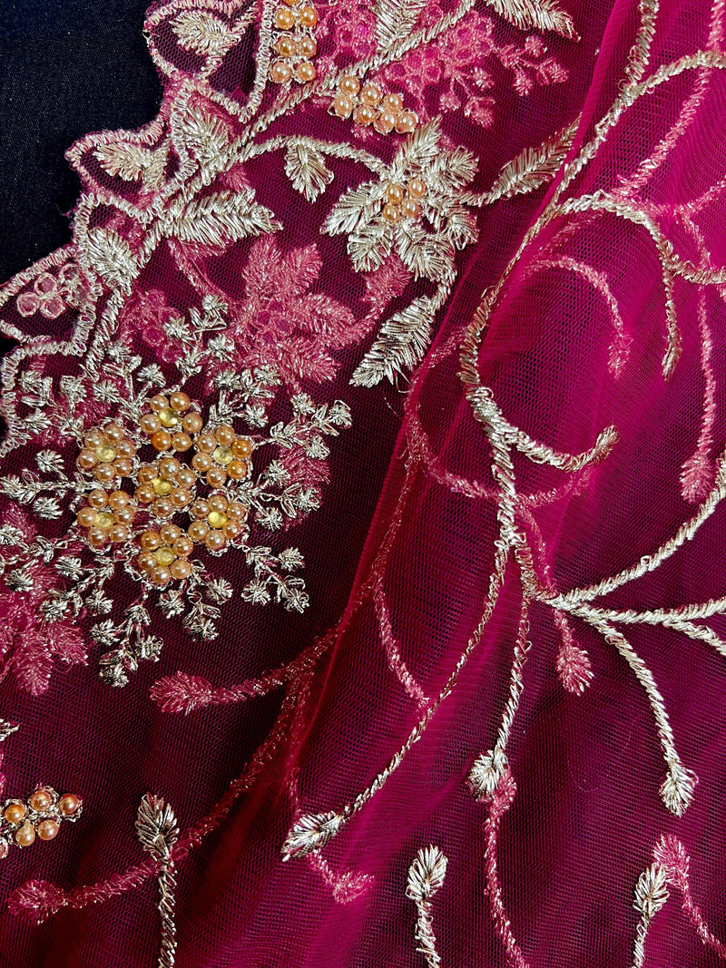 Hot Pink Soft Net Dupatta with Heavy Embroidery, Pearl and Zari | Dupatta for Lehangas | Dupatta for Gifts | Wedding Dupattas