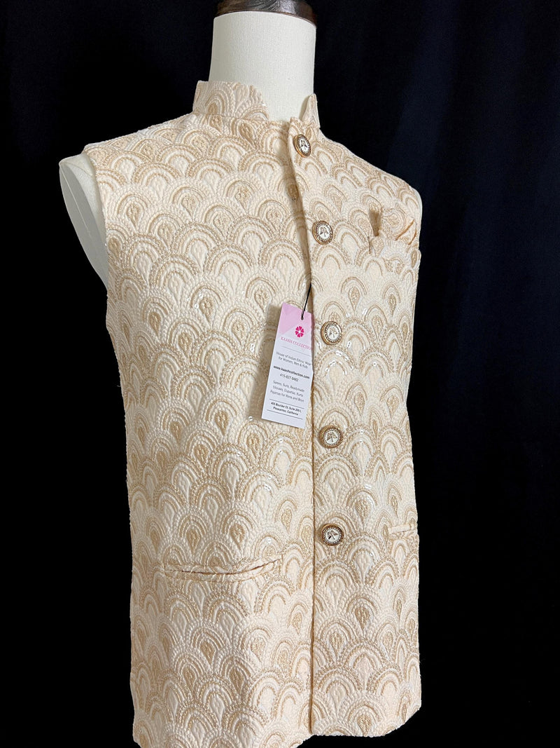 Pastel Gold Jacket for Men with Embroidery, thread and Sequin Work | Jacket for Kurta | Mens Wedding Wear Outfit | Men Waistcoat