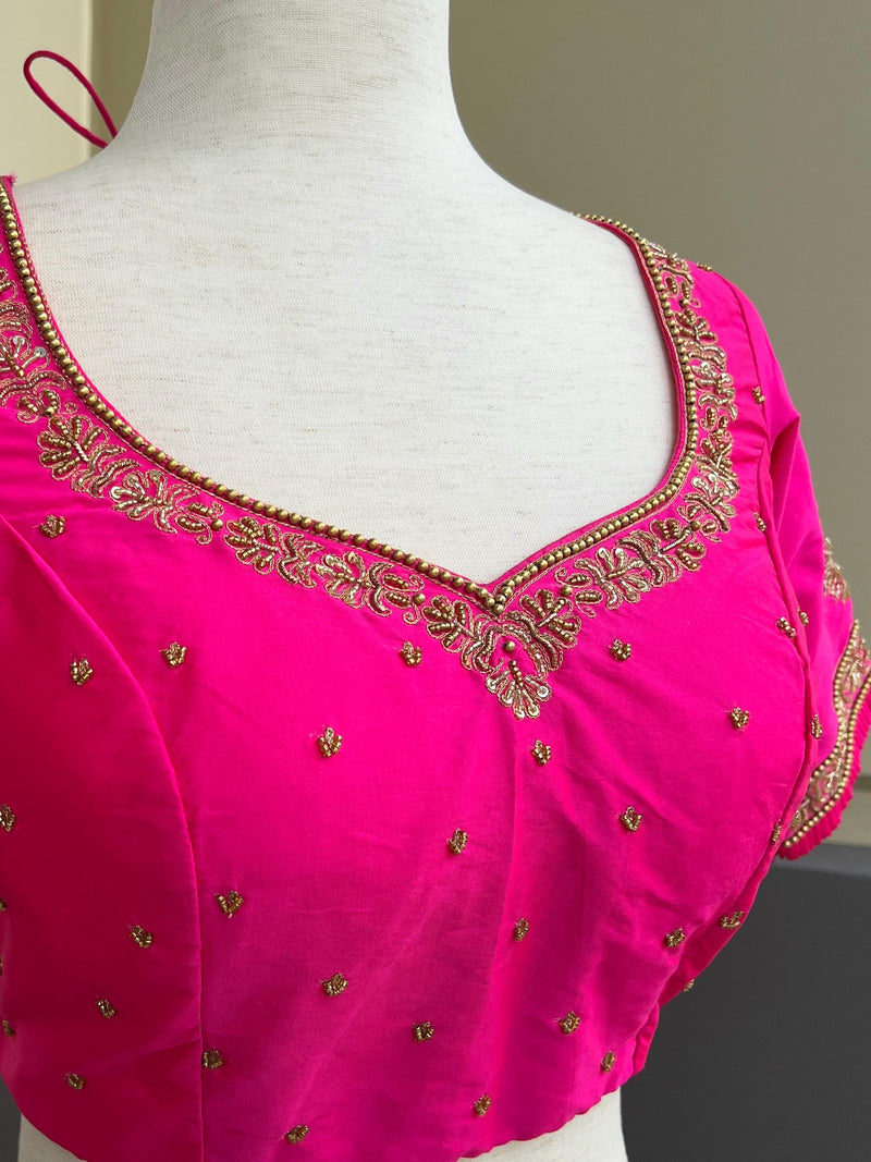 Handwork Designer Hot Pink Readymade Blouse with Gold Zari | Bird Motifs | Ready to Wear Blouses  Blouse | Stitched Blouse