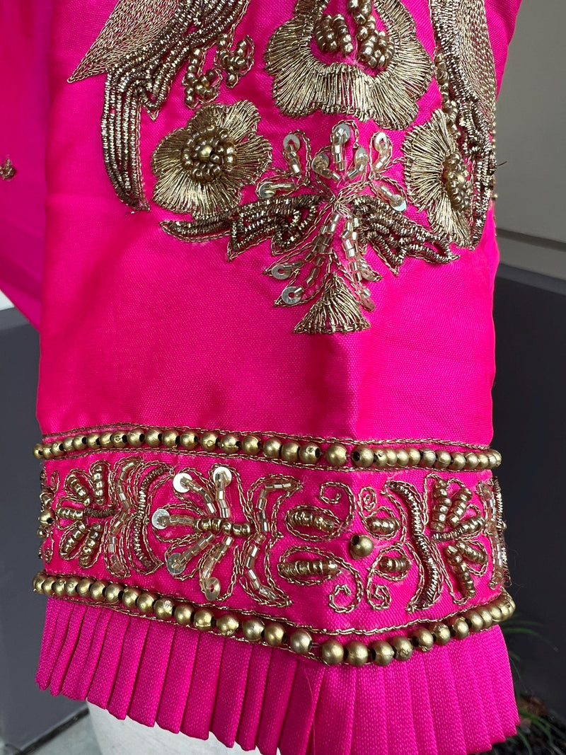 Handwork Designer Hot Pink Readymade Blouse with Gold Zari | Bird Motifs | Ready to Wear Blouses  Blouse | Stitched Blouse