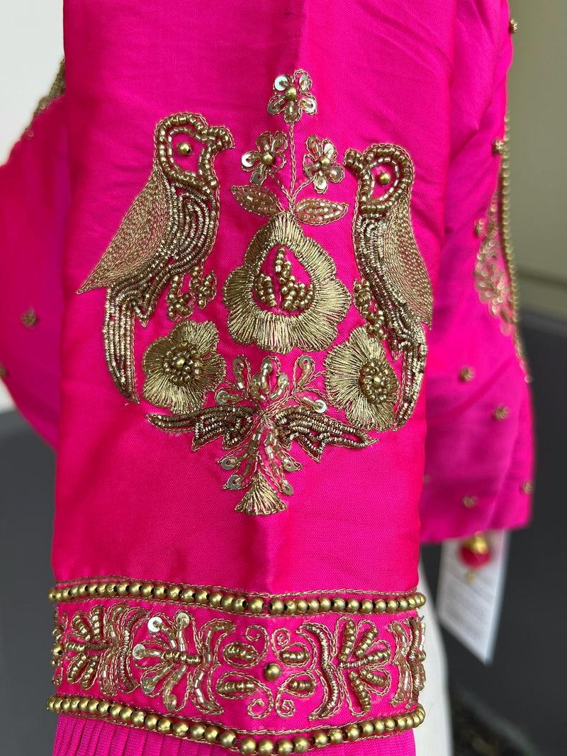 Handwork Designer Hot Pink Readymade Blouse with Gold Zari | Bird Motifs | Ready to Wear Blouses  Blouse | Stitched Blouse