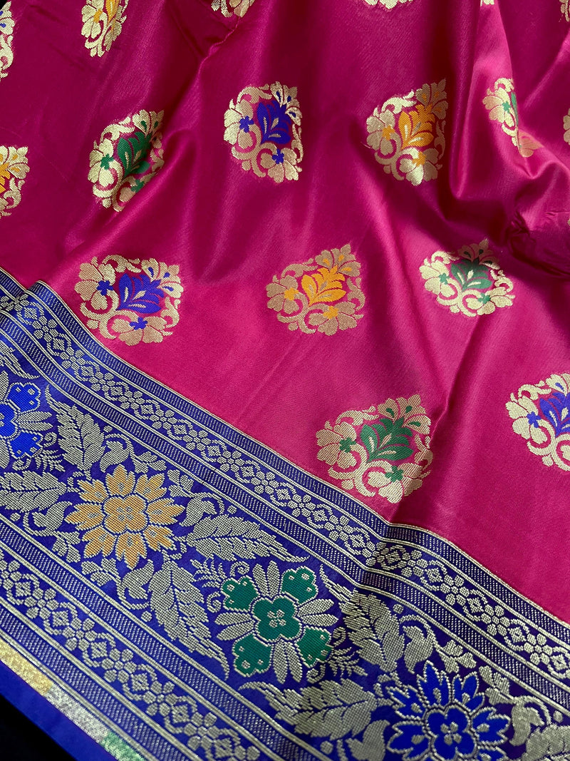 Pink Traditional Banarasi Handloom Saree in Banarasi Silk  - Meenakari Floral Butta