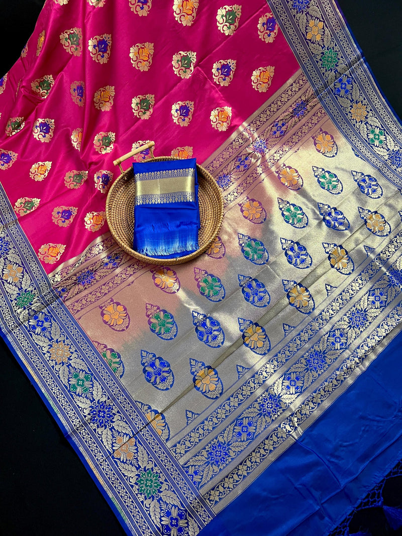 Pink Traditional Banarasi Handloom Saree in Banarasi Silk  - Meenakari Floral Butta