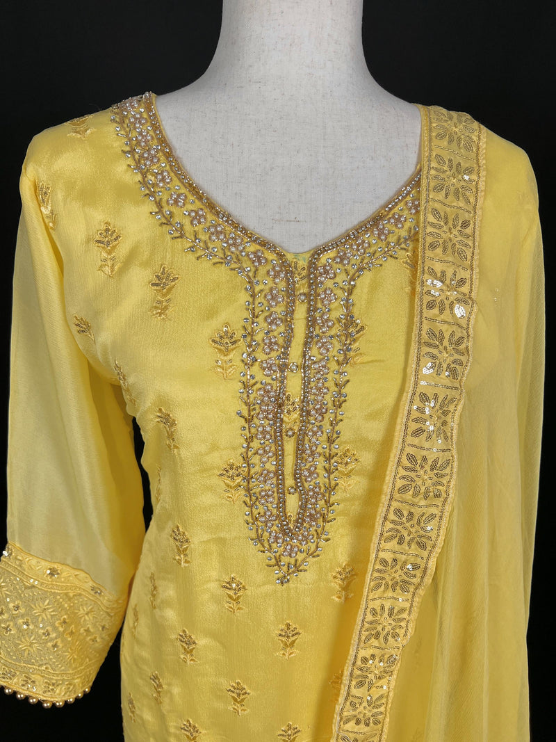 Designer Readymade Salwar Kameez in Yellow Color - 3pcs Women Salwar Kameez Set  with Handwork in Pure Chinnon Silk