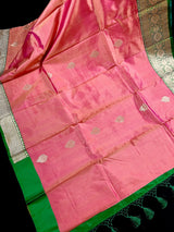 Pastel Peach Color Pure Banarasi Katan Silk Saree with Green Border and Pallu - Silk Mark Certified