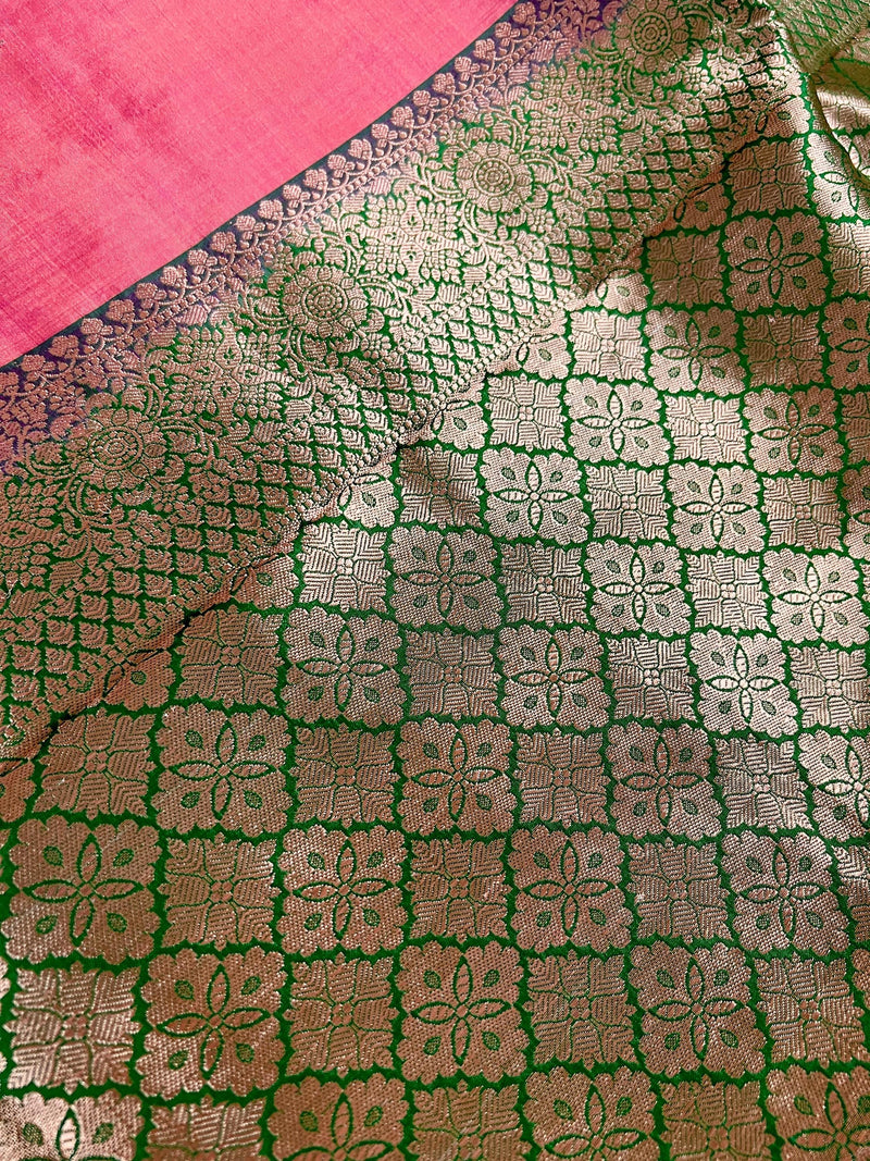 Pastel Peach Color Pure Banarasi Katan Silk Saree with Green Border and Pallu - Silk Mark Certified