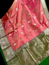 Pastel Peach Color Pure Banarasi Katan Silk Saree with Green Border and Pallu - Silk Mark Certified