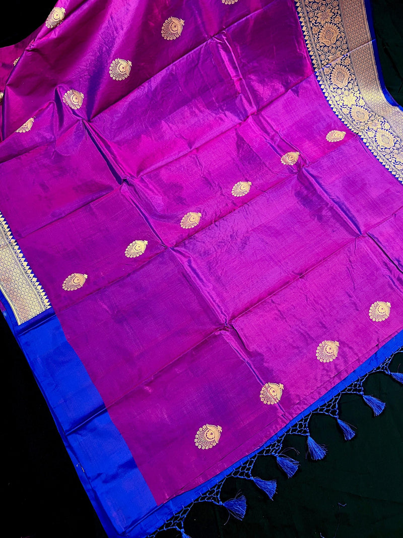 Eggplant Purple Pure Katan Silk Saree with Blue Border and Pallu - Pure Silk Sarees - SILK MARK CERTIFIED