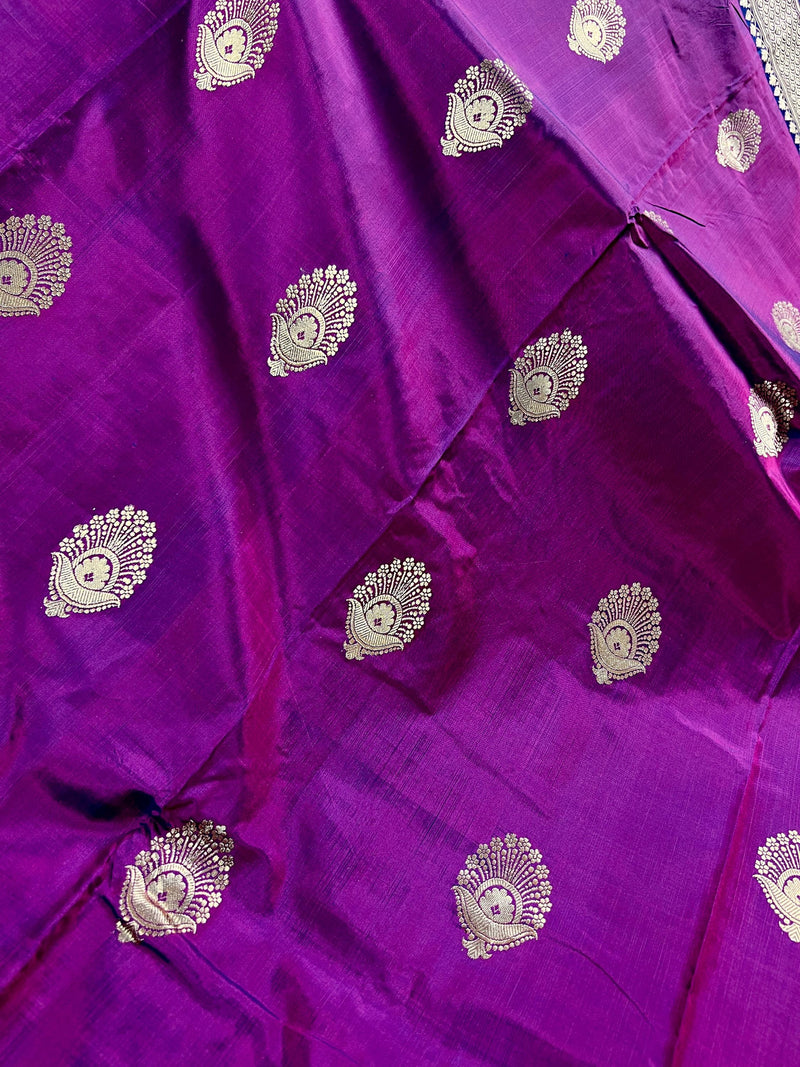 Eggplant Purple Pure Katan Silk Saree with Blue Border and Pallu - Pure Silk Sarees - SILK MARK CERTIFIED