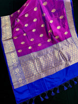 Eggplant Purple Pure Katan Silk Saree with Blue Border and Pallu - Pure Silk Sarees - SILK MARK CERTIFIED