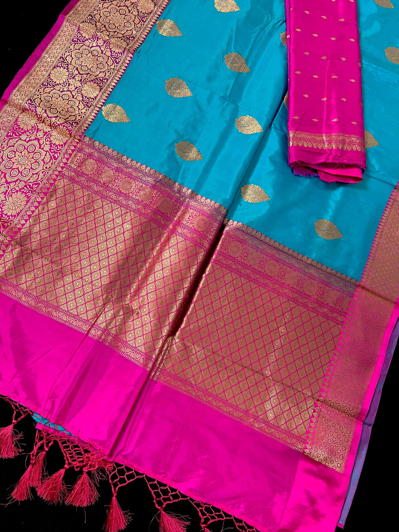 Sky Blue Pure Katan Silk Saree with Hot Pink Border and Pallu - Pure Silk Sarees - SILK MARK CERTIFIED