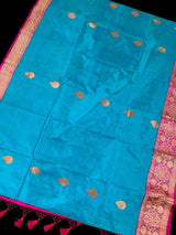 Sky Blue Pure Katan Silk Saree with Hot Pink Border and Pallu - Pure Silk Sarees - SILK MARK CERTIFIED