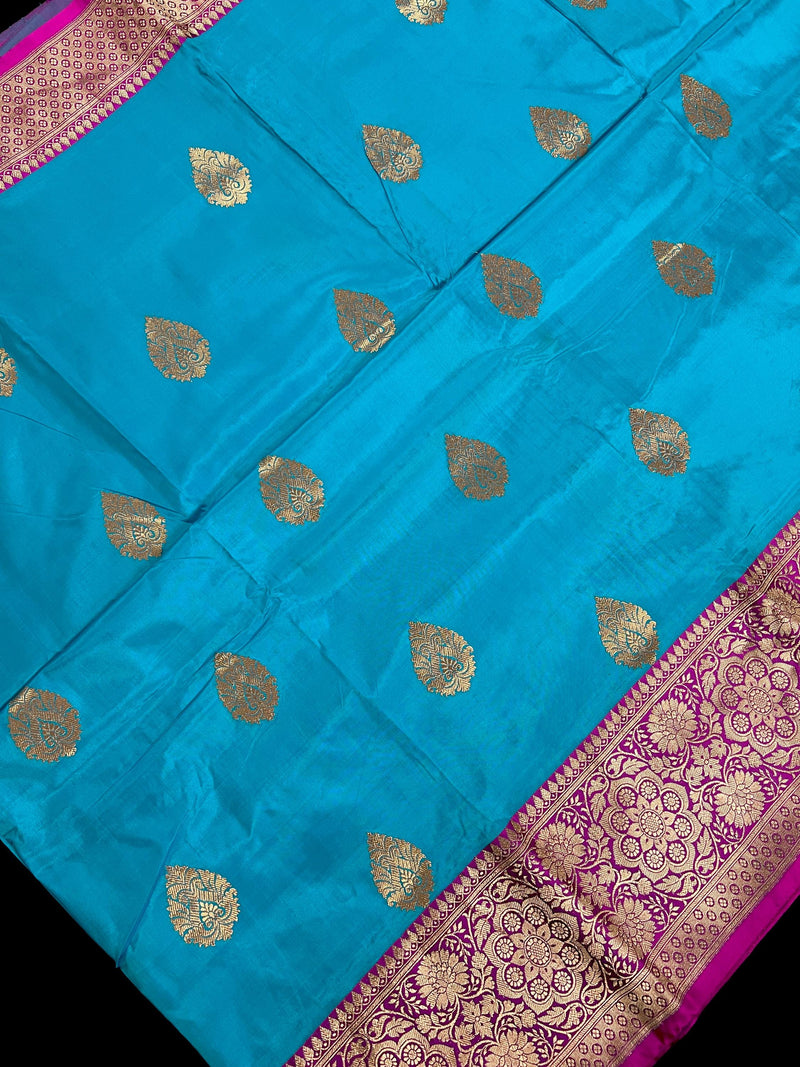 Sky Blue Pure Katan Silk Saree with Hot Pink Border and Pallu - Pure Silk Sarees - SILK MARK CERTIFIED