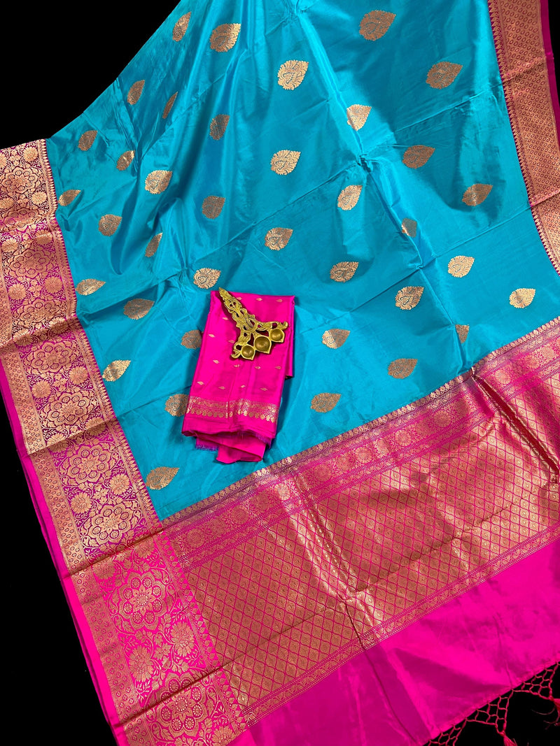 Sky Blue Pure Katan Silk Saree with Hot Pink Border and Pallu - Pure Silk Sarees - SILK MARK CERTIFIED