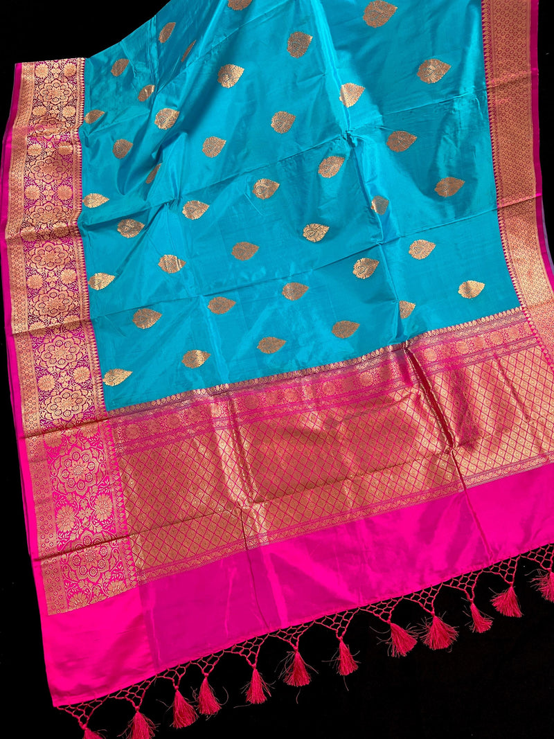 Sky Blue Pure Katan Silk Saree with Hot Pink Border and Pallu - Pure Silk Sarees - SILK MARK CERTIFIED