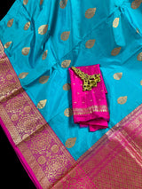 Sky Blue Pure Katan Silk Saree with Hot Pink Border and Pallu - Pure Silk Sarees - SILK MARK CERTIFIED