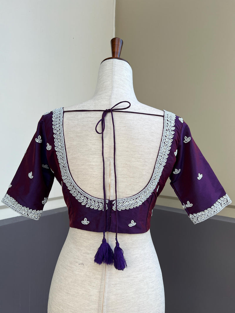 Masterpiece Handmade Dual Tone Silk Ready to Wear Blouse in Eggplant Purple Color with White Pearls, Beads and Stone  | Handwork Blouses