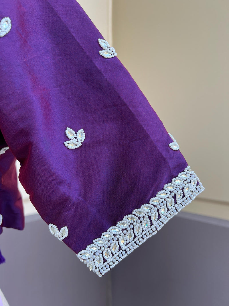 Masterpiece Handmade Dual Tone Silk Ready to Wear Blouse in Eggplant Purple Color with White Pearls, Beads and Stone  | Handwork Blouses