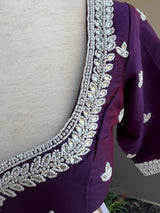 Masterpiece Handmade Dual Tone Silk Ready to Wear Blouse in Eggplant Purple Color with White Pearls, Beads and Stone  | Handwork Blouses