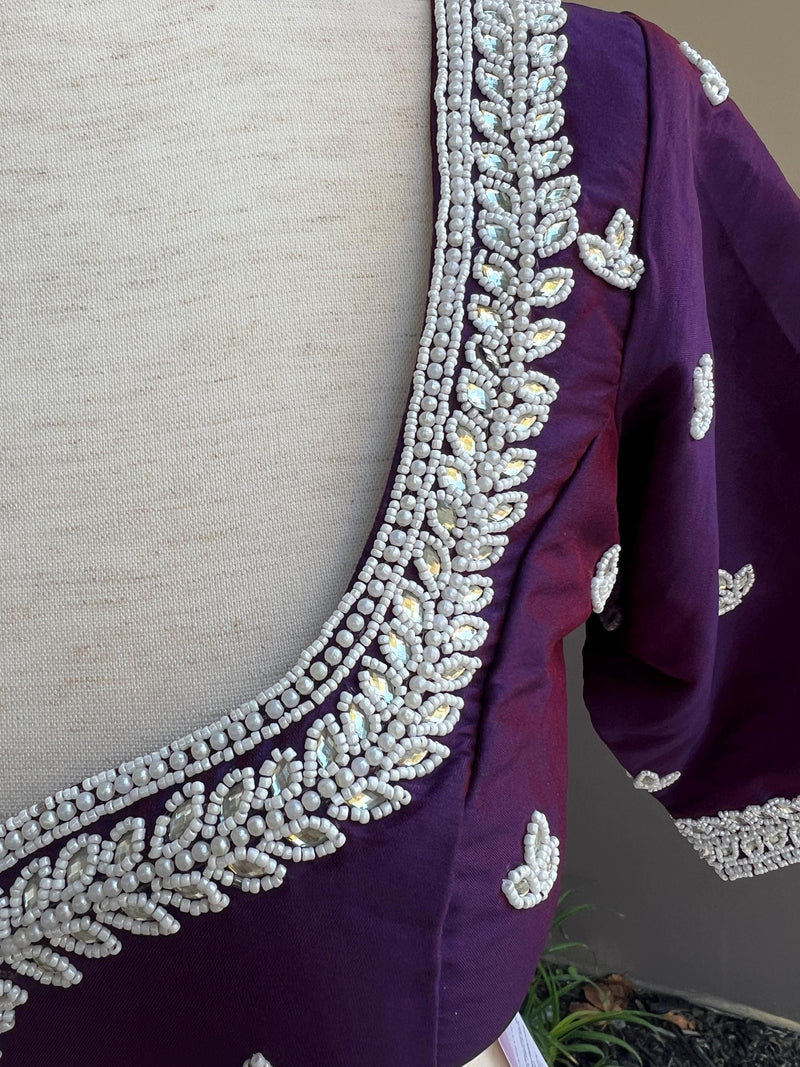 Masterpiece Handmade Dual Tone Silk Ready to Wear Blouse in Eggplant Purple Color with White Pearls, Beads and Stone  | Handwork Blouses